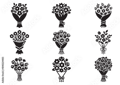 Set of Flower bouquet icon, Flower bouquet Black silhouette vector