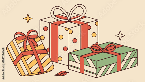 Festive Presents: Three artistically wrapped gifts sit ready for giving, adorned with bows and ribbons. The image is an expression of delight and excitement.