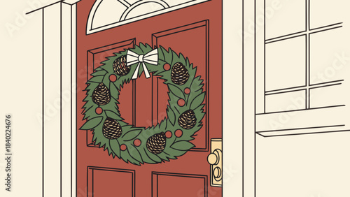 Festive Welcome: A detailed illustration of a home entrance, complete with a beautifully adorned wreath gracing the crimson-colored door. Capturing holiday cheer and home aesthetic.
