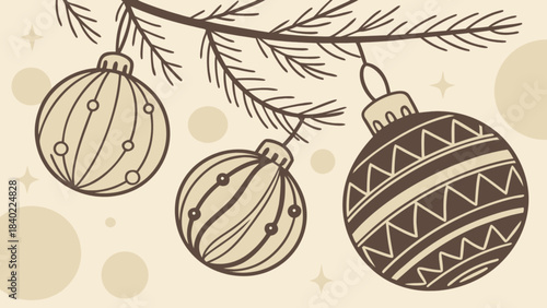 Festive Ornaments: Festive holiday decorations grace a delicate fir branch, offering a visual delight of the winter season. 