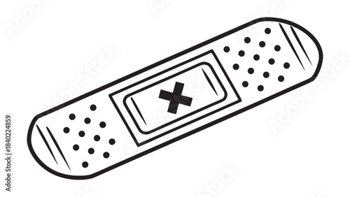 Simple hand drawn illustration of a medical bandage with a black cross symbol on a white background