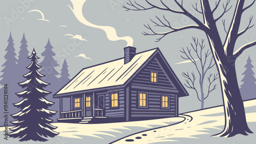 Cozy Cabin in Winter Wonderland: A charming cabin nestled amidst a snow-covered landscape, smoke curling from its chimney, inviting warmth and tranquility amidst a serene winter scene.