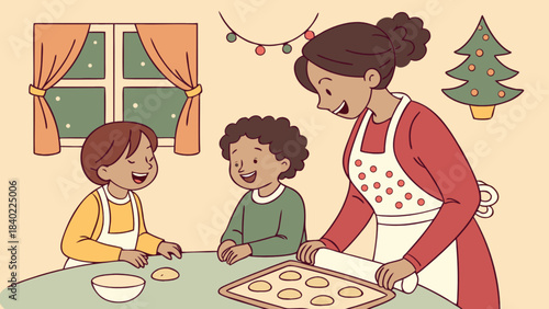 Sweet moments of baking : A joyful scene captures a mother sharing a cherished moment with her children, as they join together baking sweet cookies. This illustration captures the warmth of family