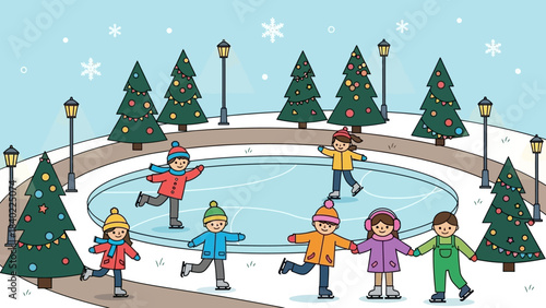 People ice skating around an outdoor winter rink with trees, lights, and festive vibes.