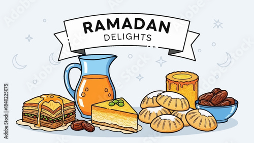 Ramadan Delights: Assorted Pastries, Bread, Dates, and Juices Featured on a Festive Platter.