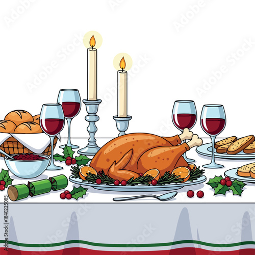 Vector Christmas dinner table with turkey, candles, and wine glasses