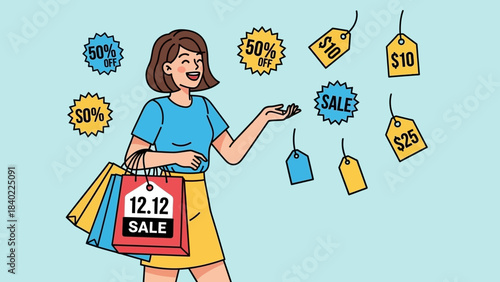 Cheerful shopper surrounded by sale signs and shopping bags in a bright illustration.