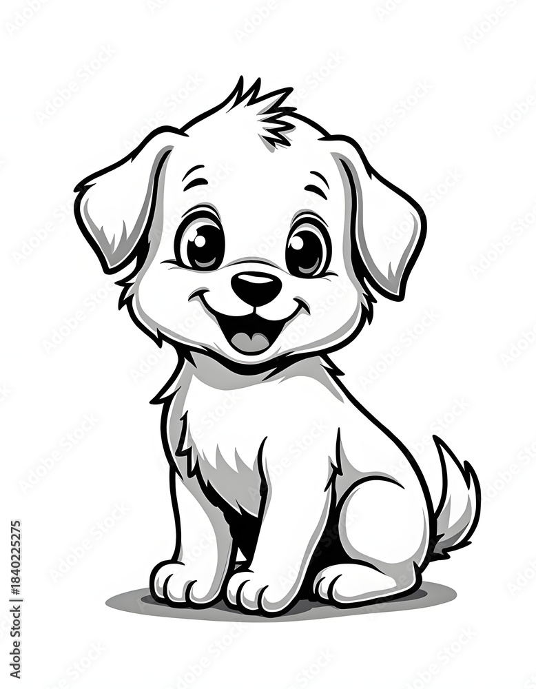 Fototapeta premium Adorable cartoon puppy dog with a happy smile in black and white