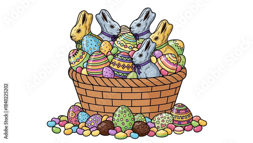 A vibrant illustration of an overflowing Easter basket filled with colorful decorated eggs, chocolate bunnies, and a scattering of jelly beans and candies.
