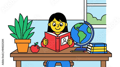 Young girl student reading a book at a desk with a globe, apple, and plant in a bright room.