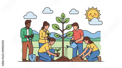 Community volunteers planting saplings together in a sunny outdoor environment.