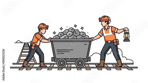 Two miners pushing a heavy mine cart filled with sparkling ore on railroad tracks, depicting hard work in the mining industry.