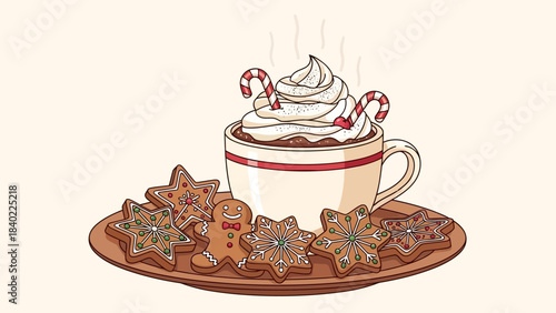 A festive illustration of hot chocolate with whipped cream and candy canes, served with gingerbread cookies on a plate.