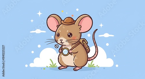 Cute cartoon mouse detective with magnifying glass and backpack on blue background with clouds and stars.