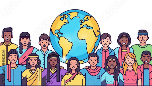 A diverse group of people from around the world standing together in unity with a globe in the background, representing global community and diversity.