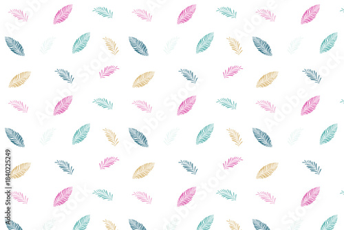 A delicate seamless pattern featuring soft, pastel-colored leaves scattered across a clean white background. Ideal for spring, nature, or gentle design projects.
