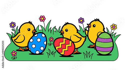 Cute yellow chicks with Easter eggs in a sunny grassy meadow.