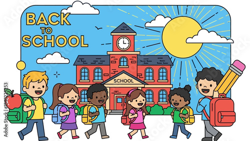 Back to School Morning: Students with Backpacks Walking Toward a Colorful School Building Under a Bright Sun.