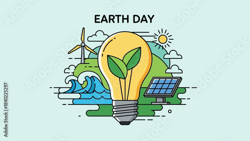 Earth Day concept highlighting sustainable energy, plant in a lightbulb with wind and solar power.