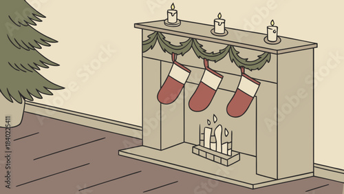 Festive Fireplace Scene: A cozy scene with a decorated fireplace and Christmas stockings, setting the stage for holiday cheer.
