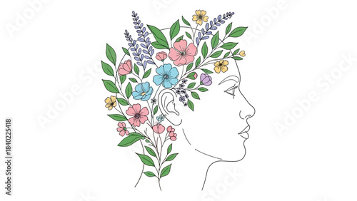 Line art illustration of a woman's head in profile with her hair replaced by a vibrant arrangement of colorful flowers and green foliage, symbolizing nature and mental well-being.