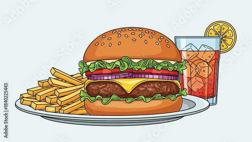A delicious cheeseburger meal with crispy french fries and a refreshing iced drink.