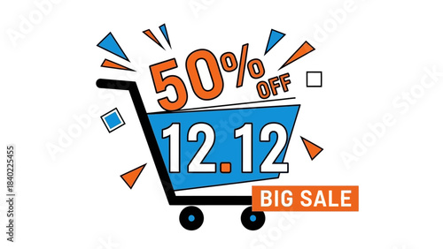 Vibrant graphic illustration of a shopping cart with '50% OFF' and '12.12 BIG SALE' text, symbolizing a major online shopping event.