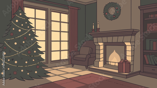 Cozy Holiday Interior: A warm, inviting illustration of a festively decorated living room, complete with a twinkling Christmas tree, a crackling fireplace, and soft.