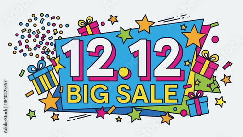 Vibrant 12.12 Big Sale promotional banner with colorful confetti, stars, and gift boxes, advertising a December discount event.