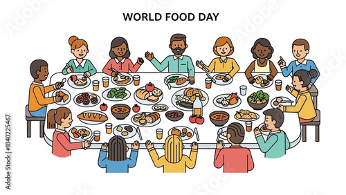 A diverse group of people sharing a meal around a large table, celebrating World Food Day.