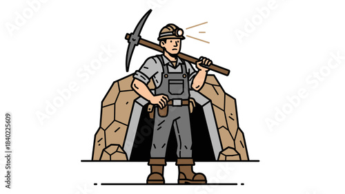 Illustration of a miner with a pickaxe standing in front of a mine entrance, wearing a hard hat and overalls.