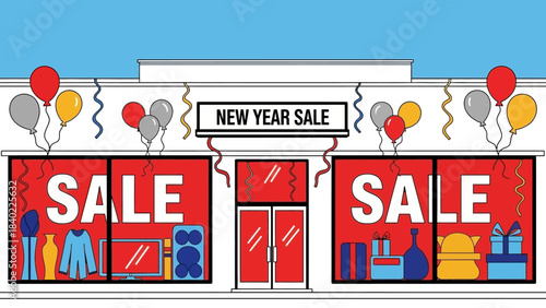 A storefront decorated with balloons and a "NEW YEAR SALE" banner, featuring large "SALE" signs in the windows displaying various products.