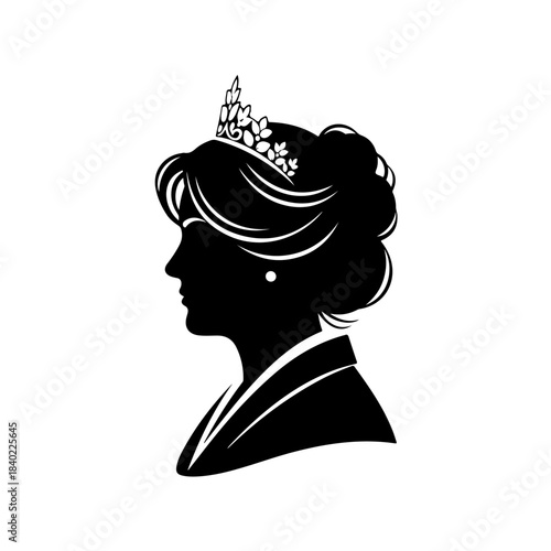 Elegant black silhouette of a woman's head in profile wearing a tiara and formal attire, symbolizing royalty or nobility.