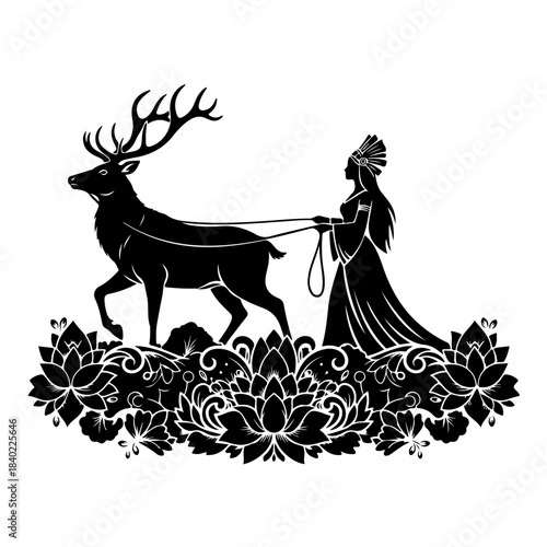Black silhouette of a woman in a headdress leading a majestic stag on a leash, walking on an ornate floral border.