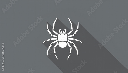 A white outline spider icon with a minimalist flat design and a long cast shadow