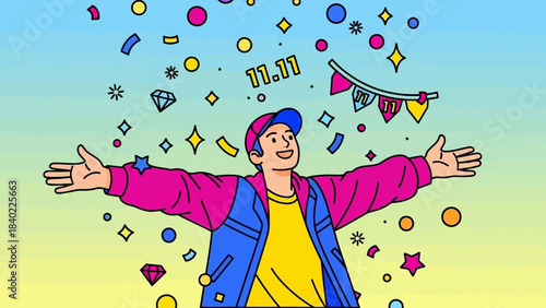 A person with outstretched arms celebrating amidst colorful confetti and festive elements, including "11.11".