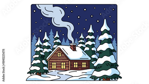 A cozy wooden cabin nestled in a snowy winter forest at night, with smoke rising from the chimney under a starry sky.