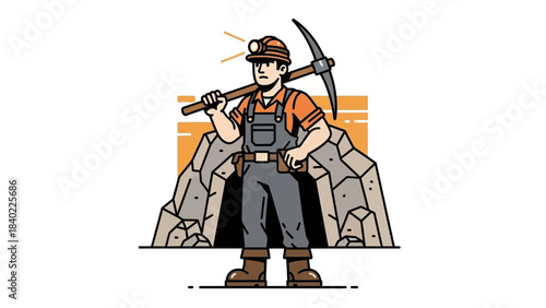 A cartoon illustration of a miner with a pickaxe standing in front of a mine entrance, wearing a hard hat and overalls.
