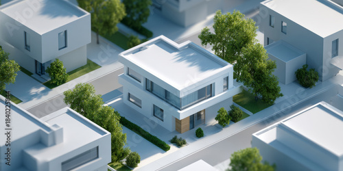 Aerial view of modern white residential houses with flat roofs surrounded by green trees and neatly landscaped yards in a suburban neighborhood
