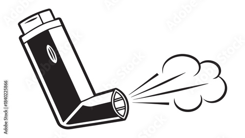 Illustration of an asthma inhaler spraying medication to relieve breathing difficulties and respiratory issues