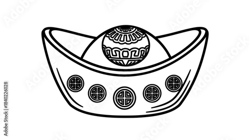 Traditional Chinese Gold Ingot with Auspicious Symbols Line Art.