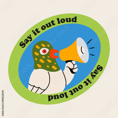 Say it Out Loud Bird Sticker with Megaphone and Green Background