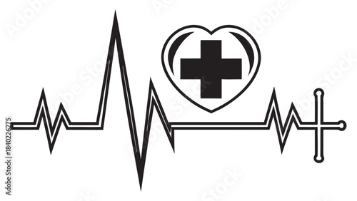 Medical heart symbol with electrocardiogram line and cross representing health and life