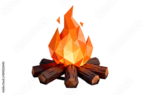 Low poly style campfire with burning flames and wooden logs