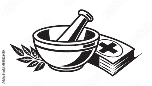 Mortar and pestle with medical cross and herbal sprigs symbolizing natural medicine and pharmacy