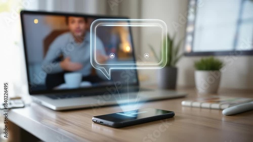 Futuristic ai chat companion on smartphone offers daily hologram assistance for professional video conference, enhancing business communication on modern laptop