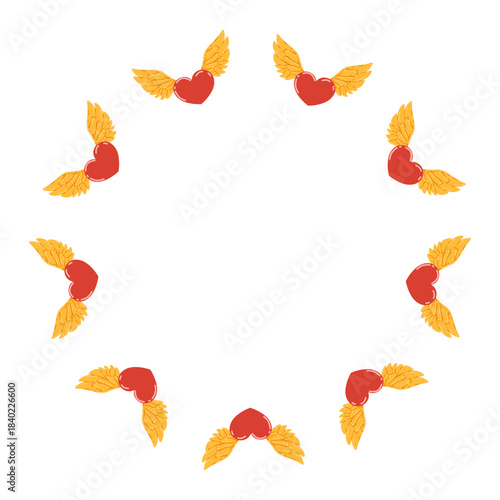 Hearts with wings circle frame. Composition of red hearts and golden wings for Valentine's Day. Vector illustration for cards, posters, invitations, packaging, holiday decor with blank space for text