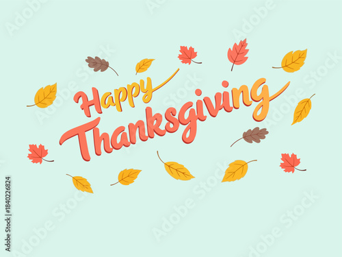 "Happy Thanksgiving" background illustration with autumn leaves and little figures