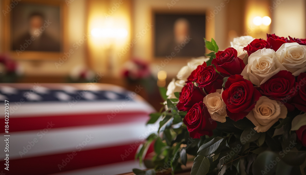 Obraz premium American flag draped coffin with roses at military funeral ceremony