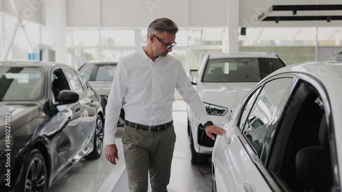 Smiling happy rich man customer male buyer client wears white shirt chooses auto wants to buy new automobile walk go in car showroom vehicle salon dealership store motor show indoor. Sales concept